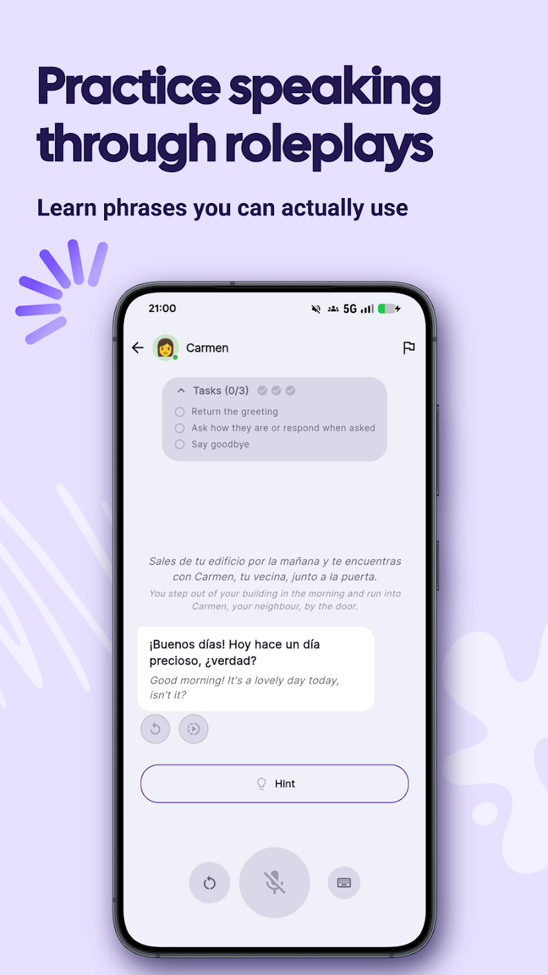 Voca Android roleplay: greet a neighbour in Spanish, respond to their question and say goodbye, with optional hints and translations.